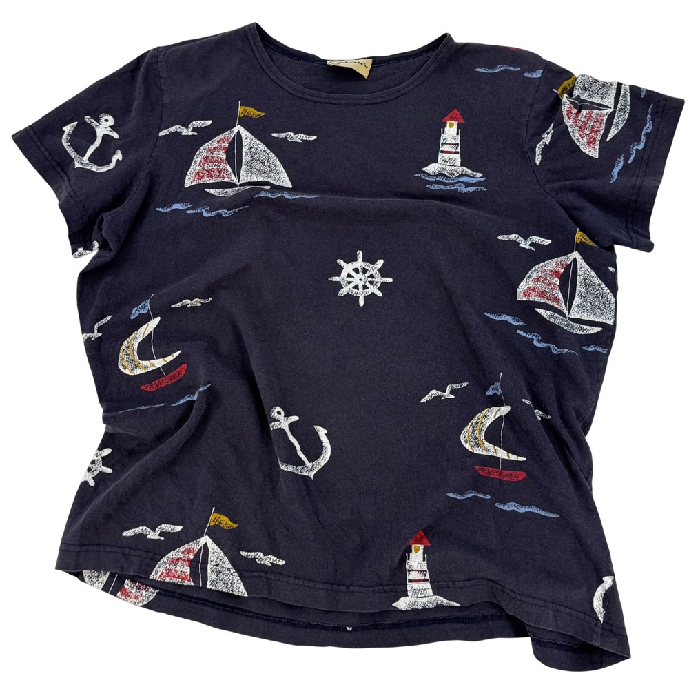 Nautical Anchor Sailboat Tee‎ XL Coastal Grandma Beach Shirt Navy Blue Graphic